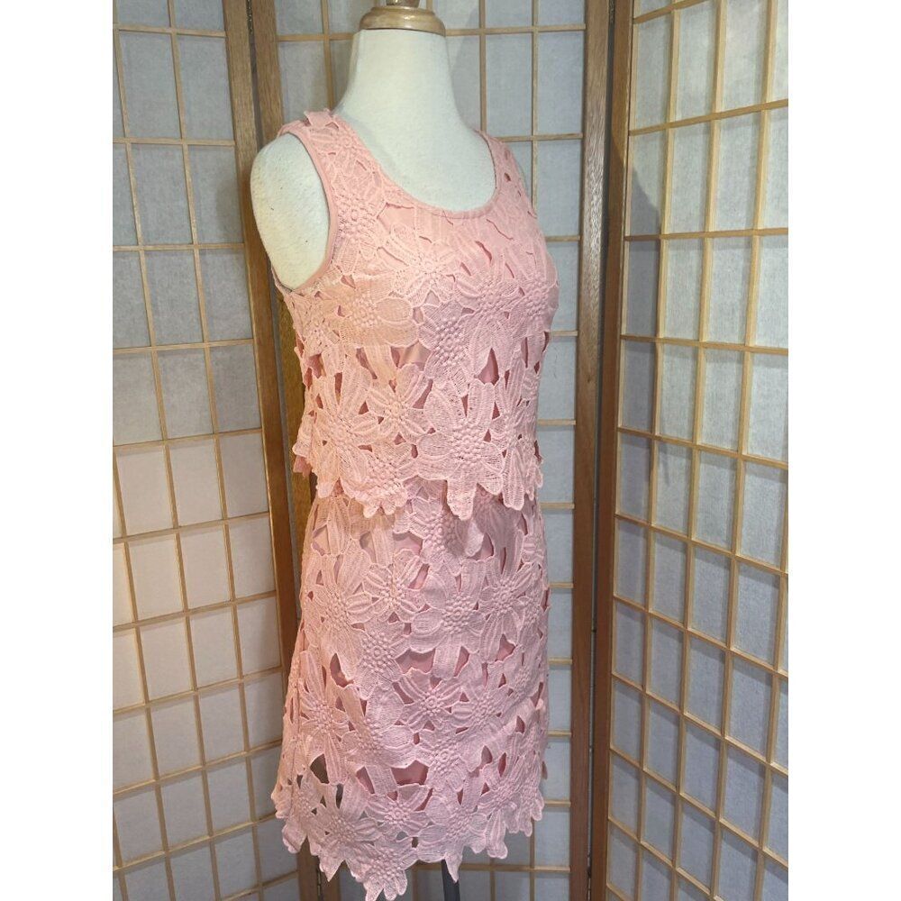 Miami by Francesca's Size Sm Blush Pink Floral Lace Sheath Dress Layered Crochet